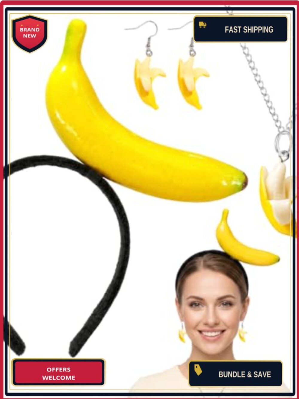 4 Pc Banana Costume Set Headband Necklace Earrings Novelty Party Accessories